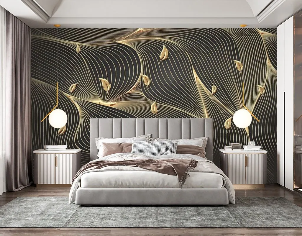 Фотообои в интерьере золотые линии на черном фоне  14-511 фото