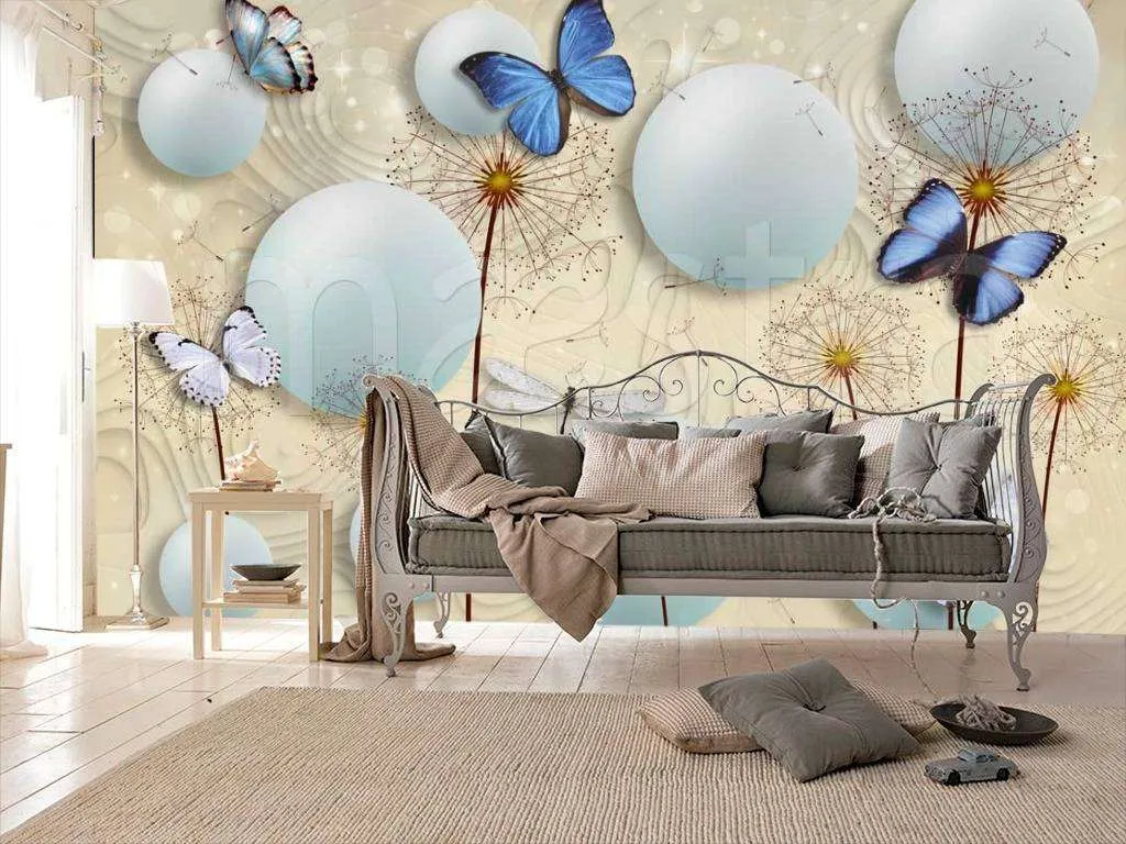 Фотообои в интерьере стереоскопические одуванчики с объемными шарами и бабочками  7-475 фото