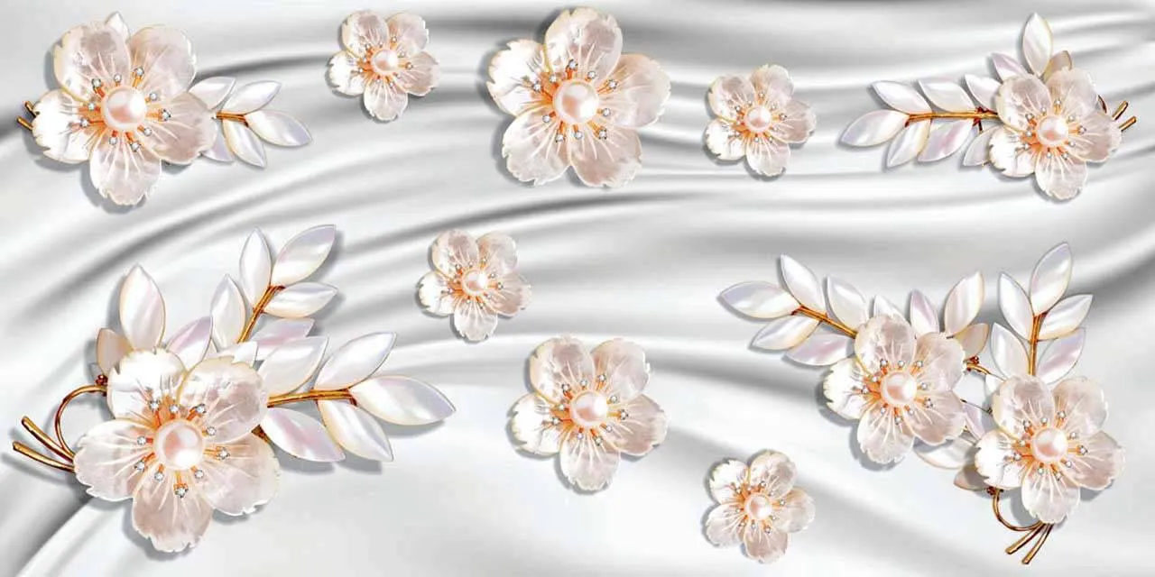 Фотообои в интерьере 3д цветы на атласном фоне  10-596 фото