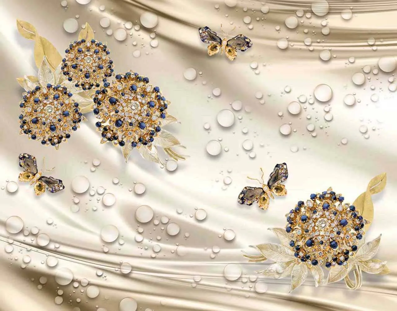 Фотообои в интерьере объемные капли на шелке  10-399 фото