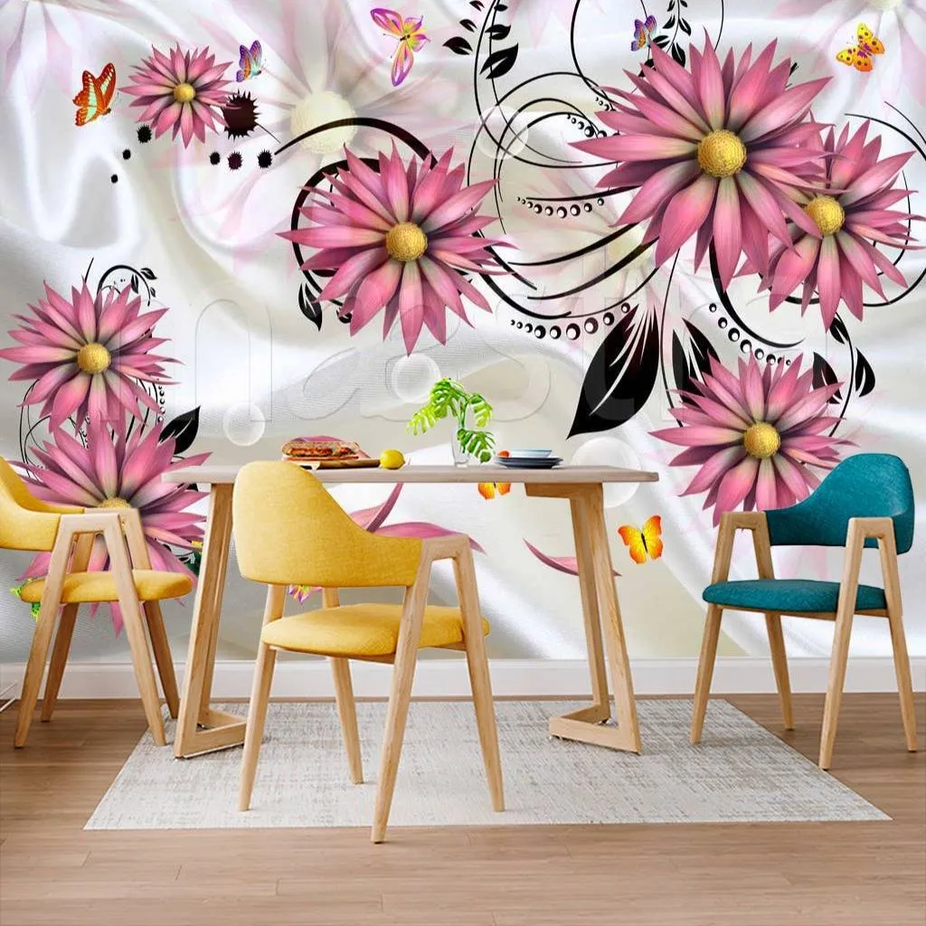 Фотообои 3д розовые цветы на белом шелке с черными виньетками  10-513