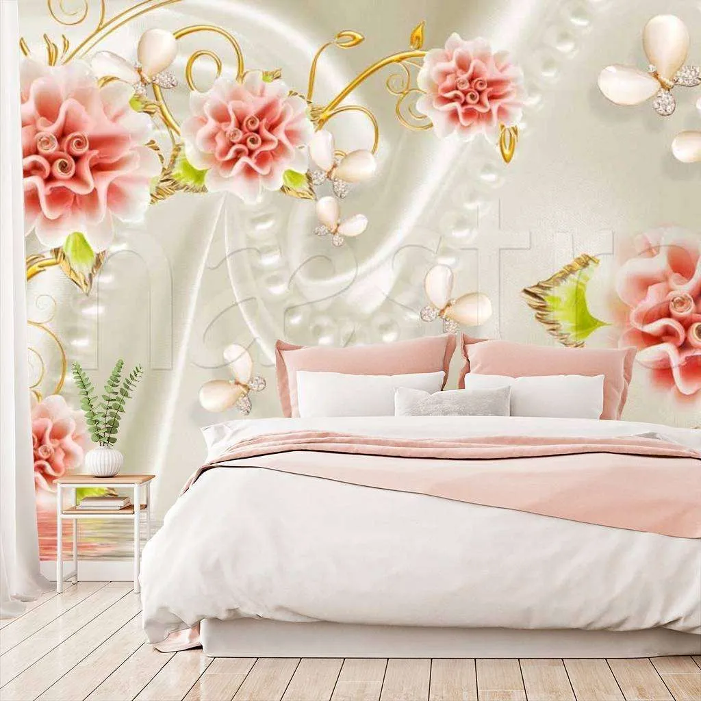 Фотообои в интерьере цветы с бусинами на ткане  10-409 фото