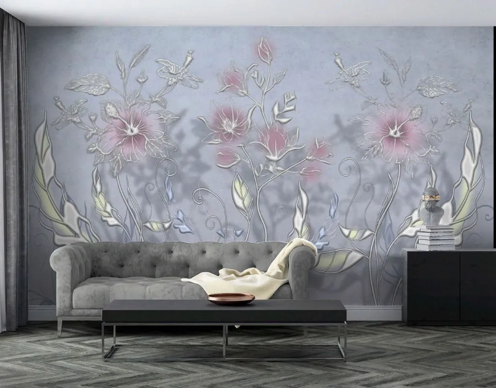 Фотообои в интерьере объемный рисунок цветы  13-746 фото