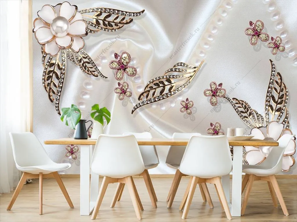 Фотообои в интерьере 3д цветы с жемчугом  10-700 фото