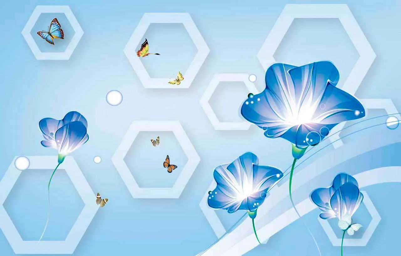 Фотообои в интерьере голубые цветы на 3д фоне  10-427 фото