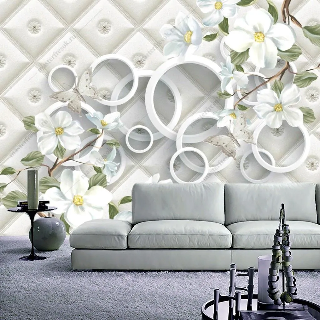 Фотообои в интерьере 3д белые круги с цветами  10-904 фото