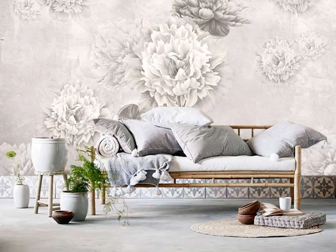 Фотообои в интерьере черно-белые пионы  7-971 фото