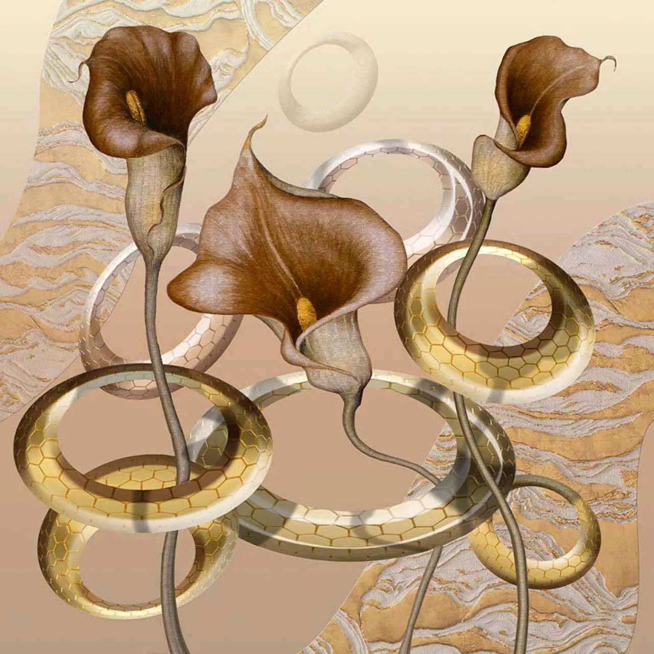 Фотообои в интерьере стереоскопические калы с золотыми кольцами  7-522 фото