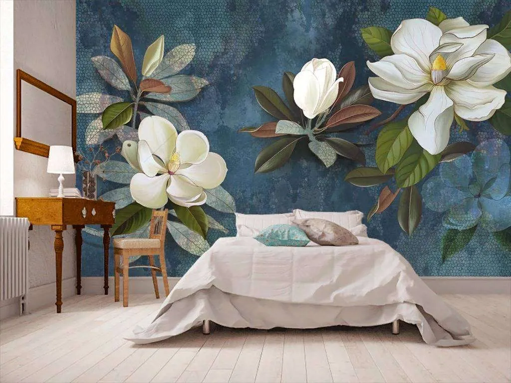 Фотообои в интерьере магнолия на синем фоне  10-870 фото