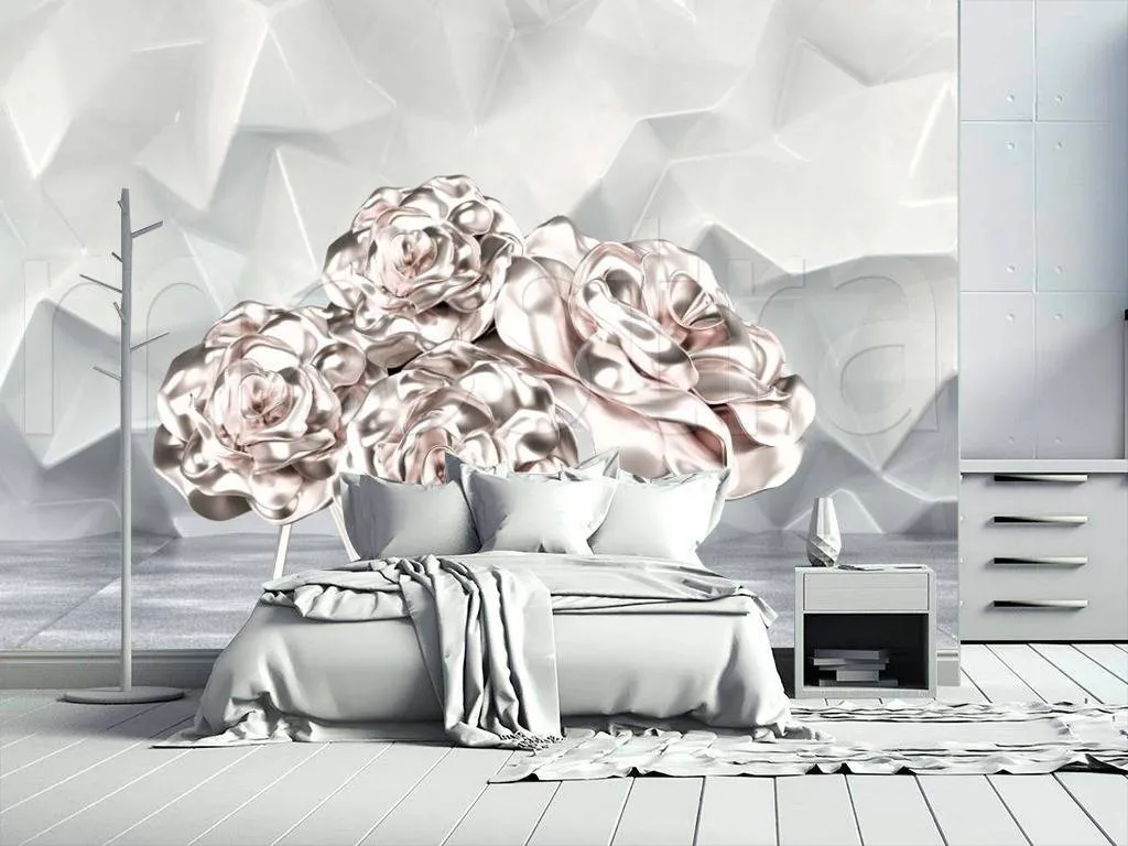 Фотообои 3д цветы на серых квадратах  10-548