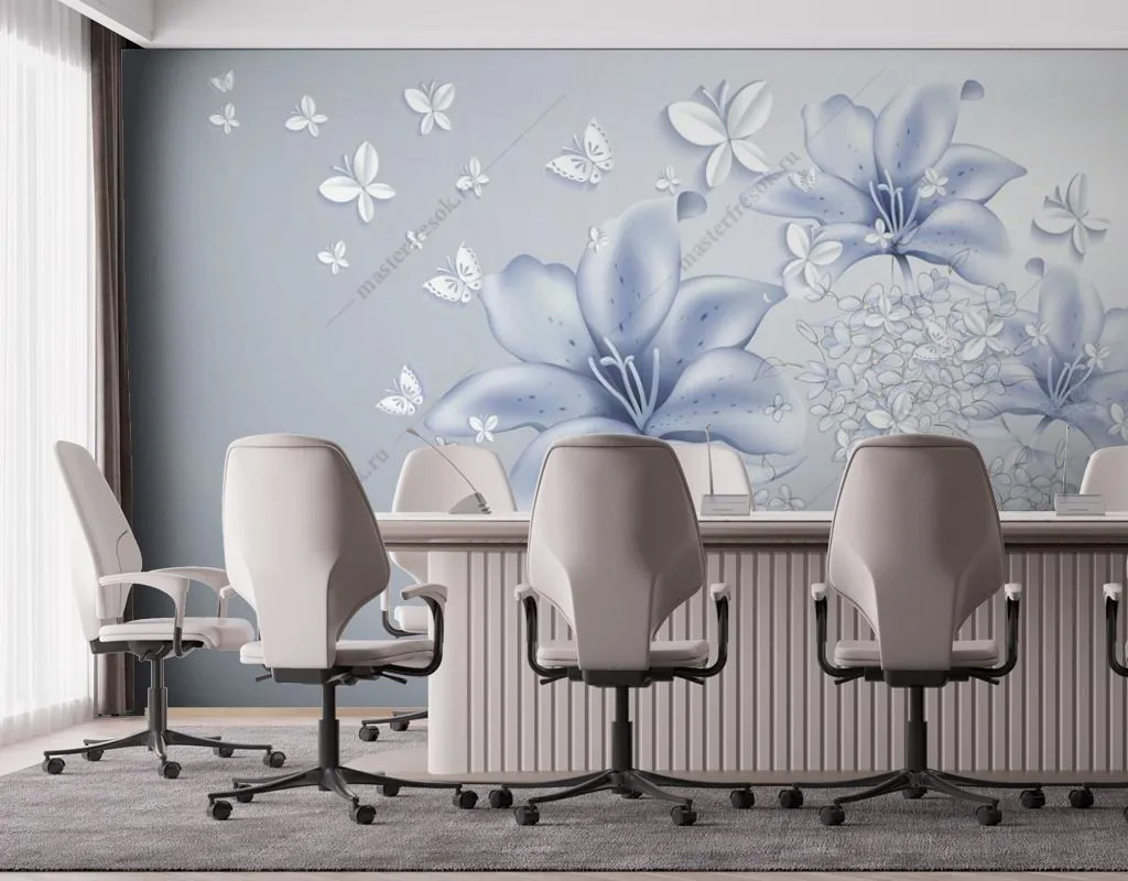 Фотообои в интерьере нежно-голубые лилии  14-429 фото