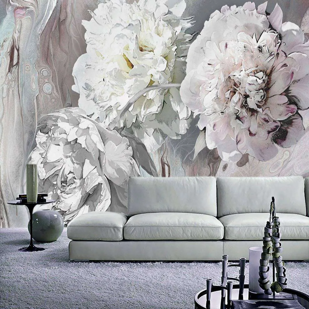 Фотообои в интерьере пионы 3д серые  13-230 фото