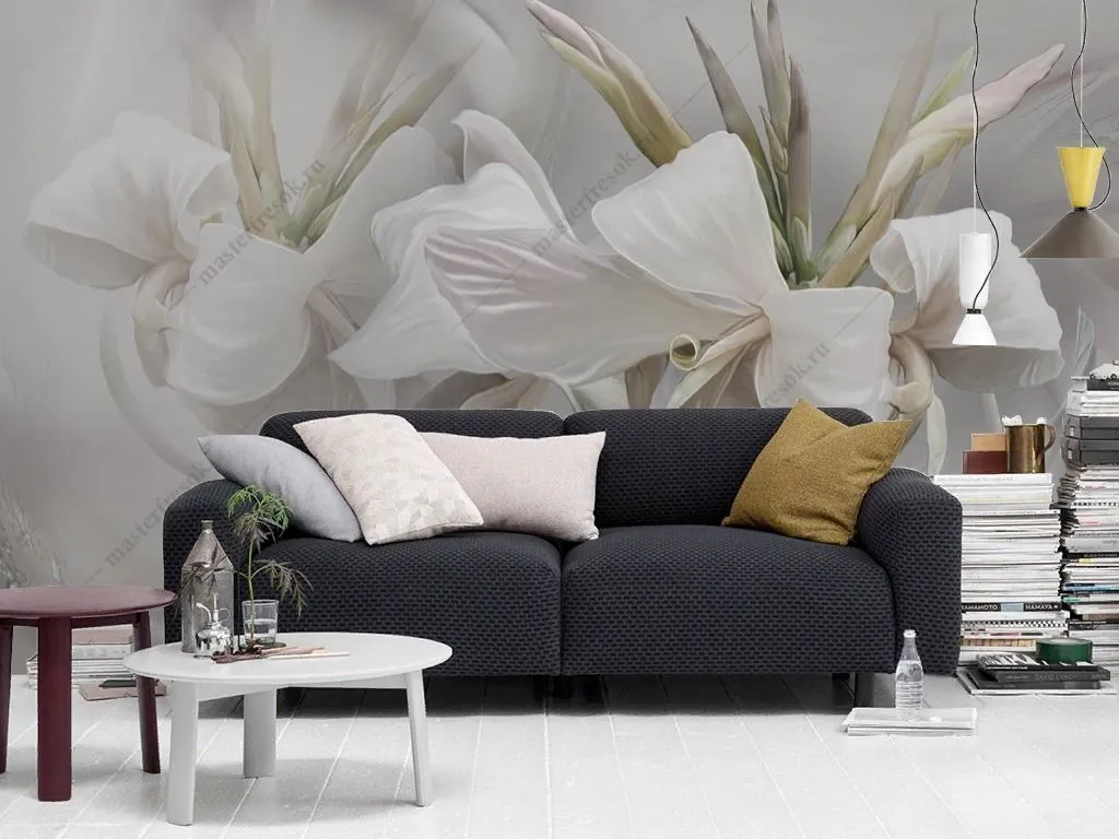 Фотообои Лилии белые на сером фоне  13-633