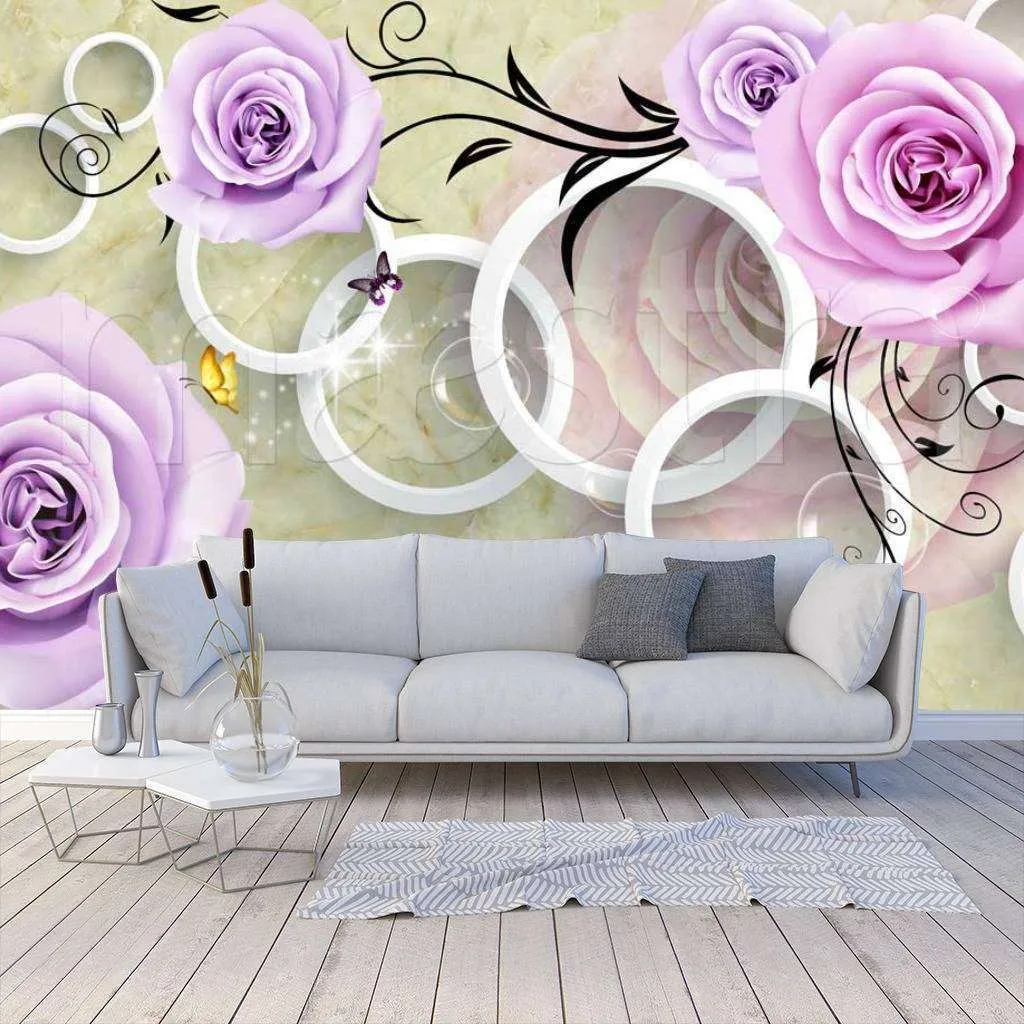 Фотообои в интерьере нежно сиреневые цветы на 3д фоне  10-410 фото