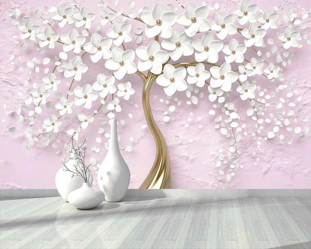 Фотообои в интерьере 3д дерево с белыми цветочками  10-889 фото