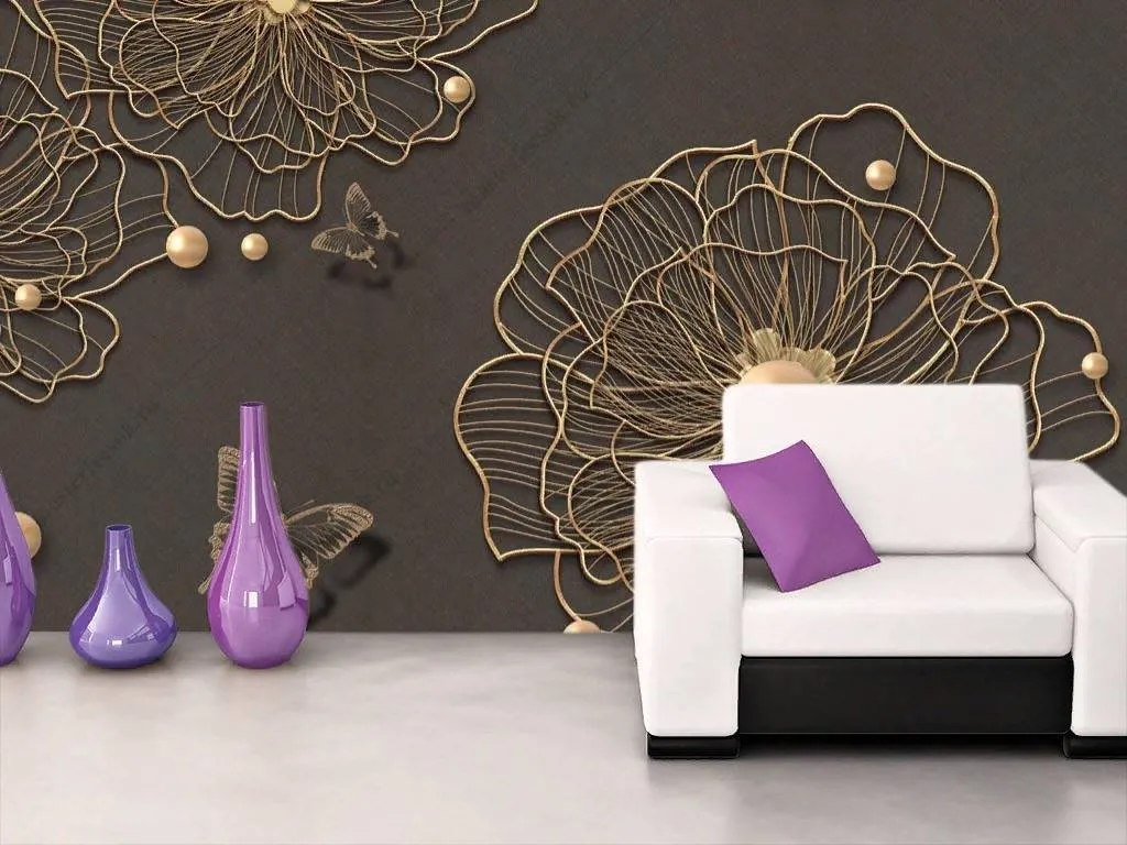 Фотообои в интерьере 3д золотые цветы  10-861 фото