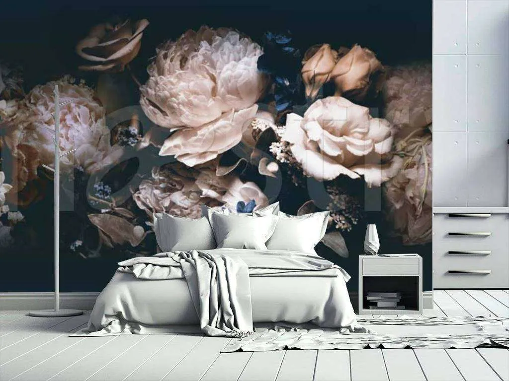 Фотообои в интерьере цветы на черном фоне  7-776 фото