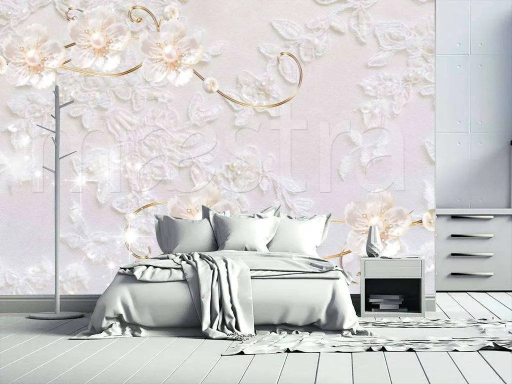 Фотообои в интерьере 3д светлые цветы на гипюре  10-506 фото