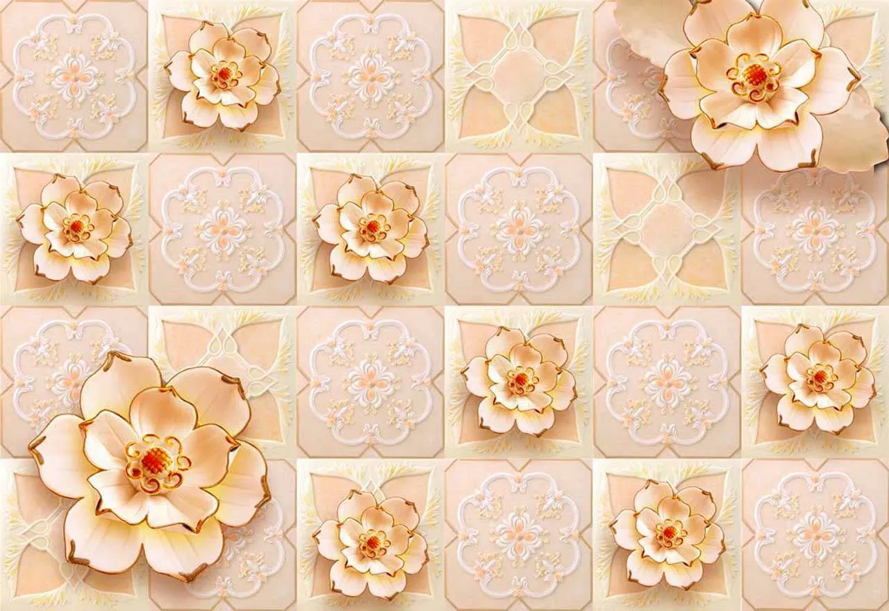 Фотообои в интерьере 3д цветы в цветных квадратах  10-529 фото