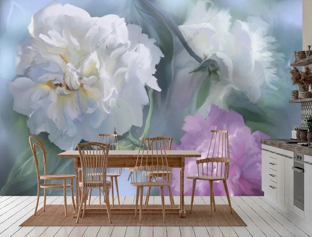 Фотообои в интерьере белые пионы 3д  13-369 фото
