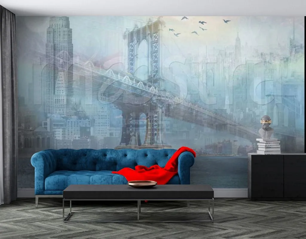 Фотообои в интерьере город и мосты в тумане  7-401 фото