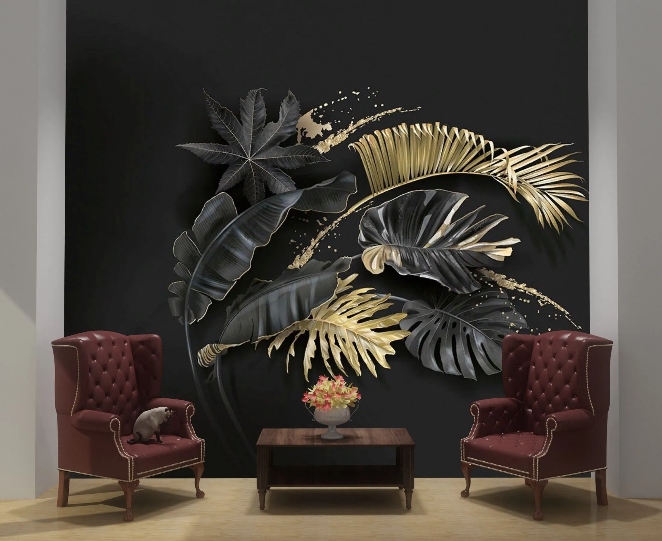 Фотообои в интерьере золотые тропические ветви  10-985 фото