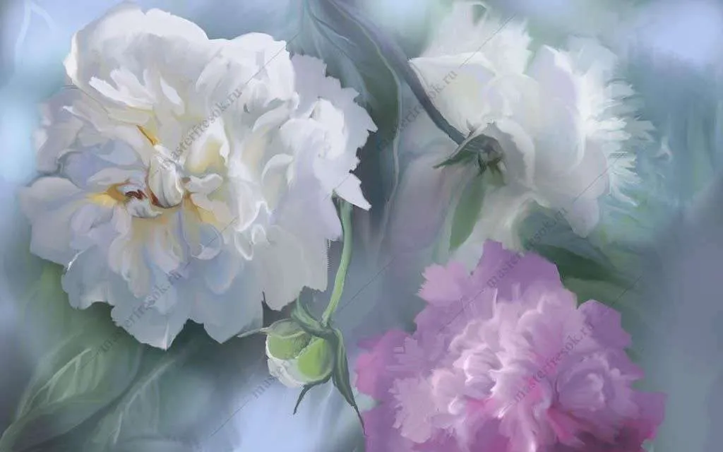 Фотообои в интерьере белые пионы 3д  13-369 фото