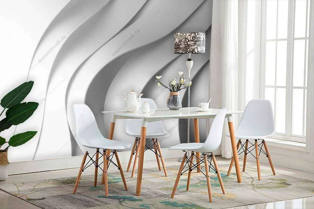 Фотообои в интерьере 3д белые волны с тенью  10-778 фото