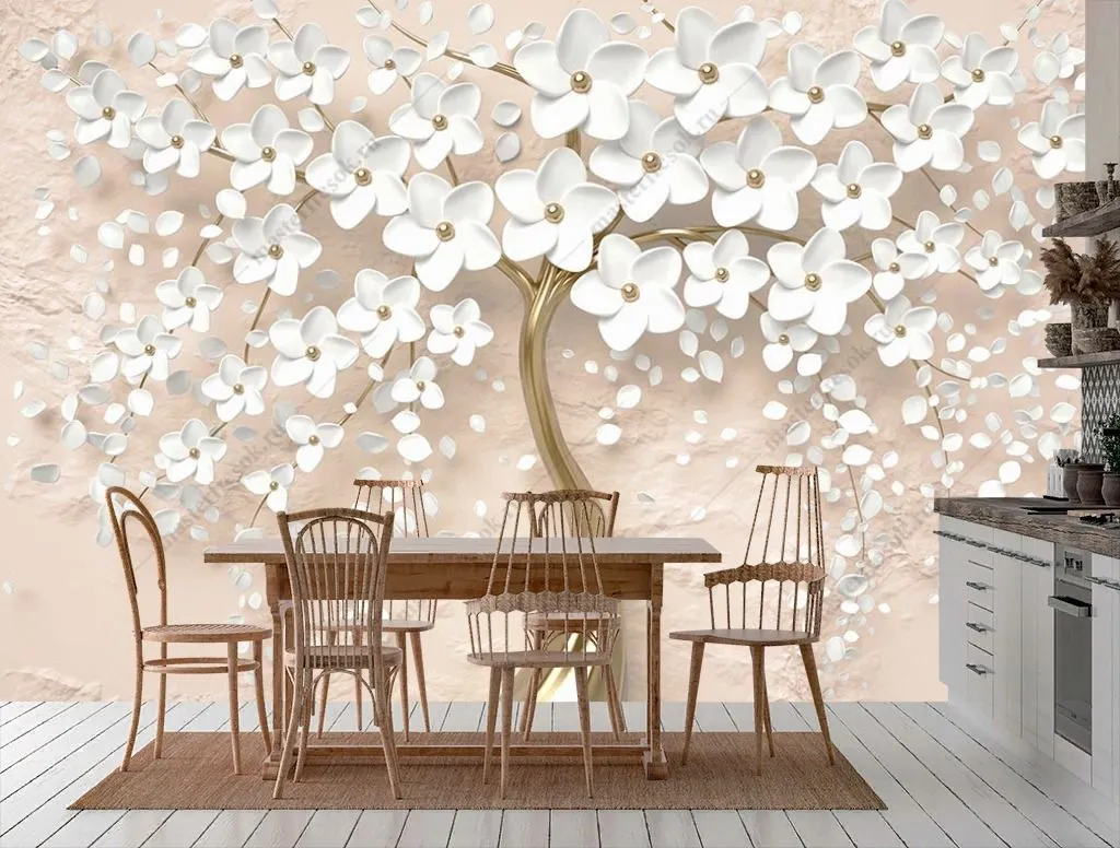 Фотообои в интерьере дерево 3д на пудровом фоне  10-888 фото