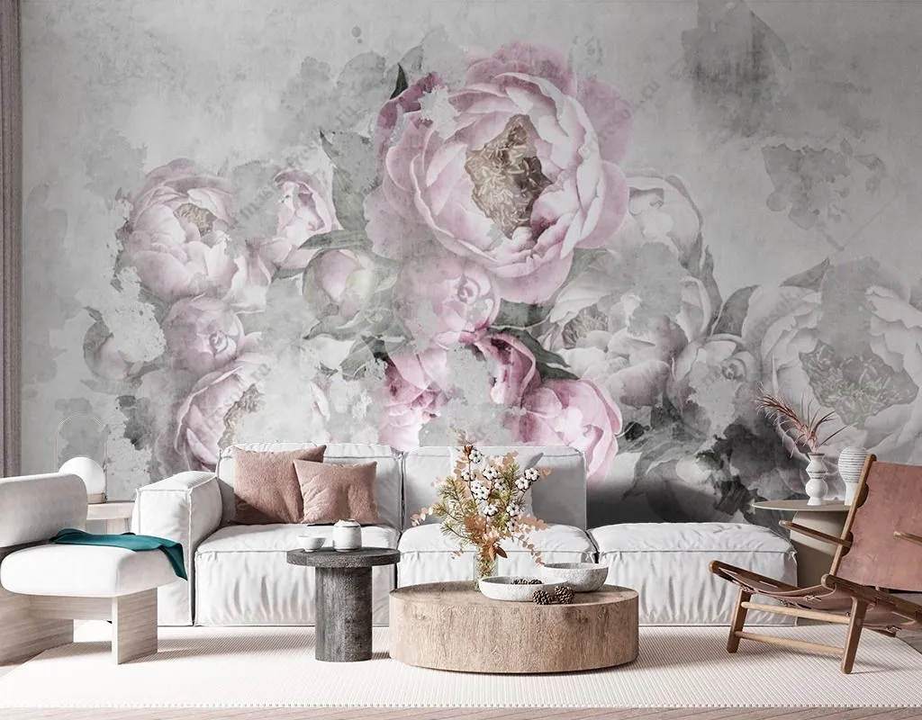 Фотообои в интерьере пионы на сером фоне  9-1605 фото