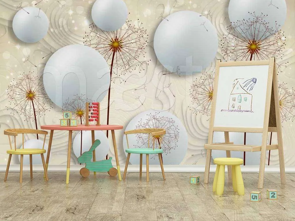 Фотообои в интерьере стереоскопические одуванчики с объемными шарами  7-476 фото