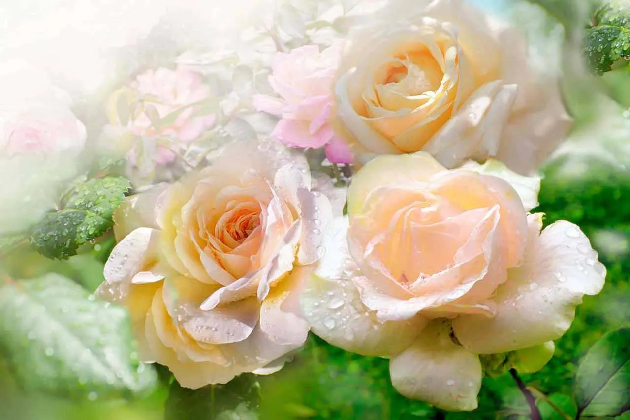 Фотообои в интерьере цветы розы на фоне листьев  7-393 фото