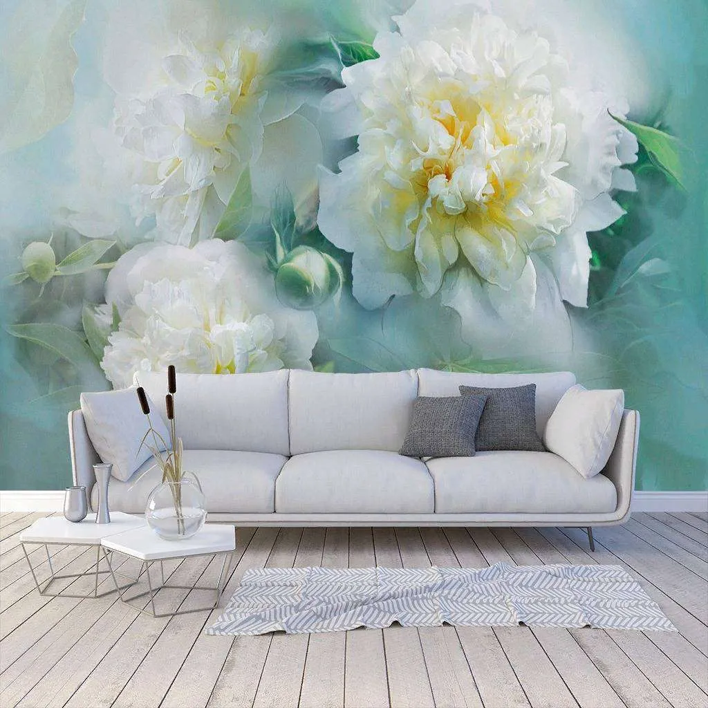 Фотообои в интерьере пион 3д в дымке  13-240 фото