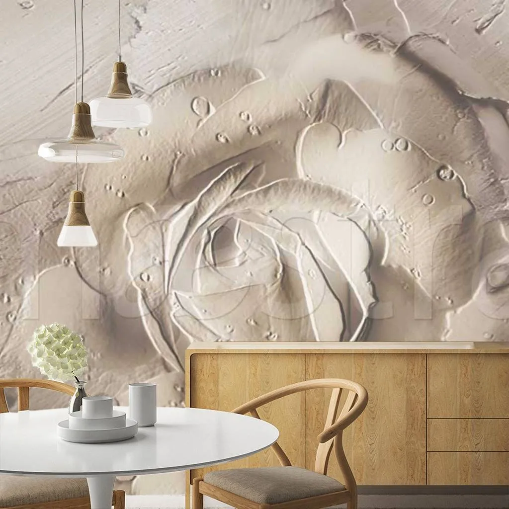 Фотообои в интерьере объемная роза с каплями росы  7-492 фото