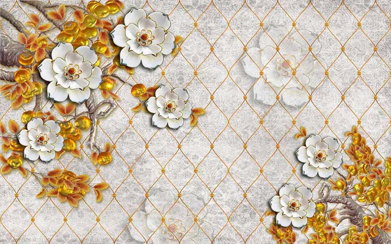 Фотообои в интерьере 3д цветы с золотыми листьями  10-456 фото