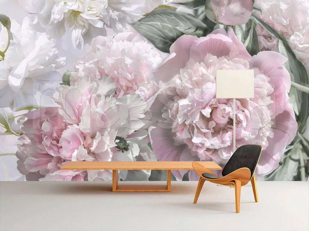 Фотообои в интерьере букет светлых пионов  7-928 фото