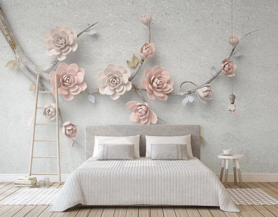 Фотообои 3д ветка с розовыми цветами  15-370