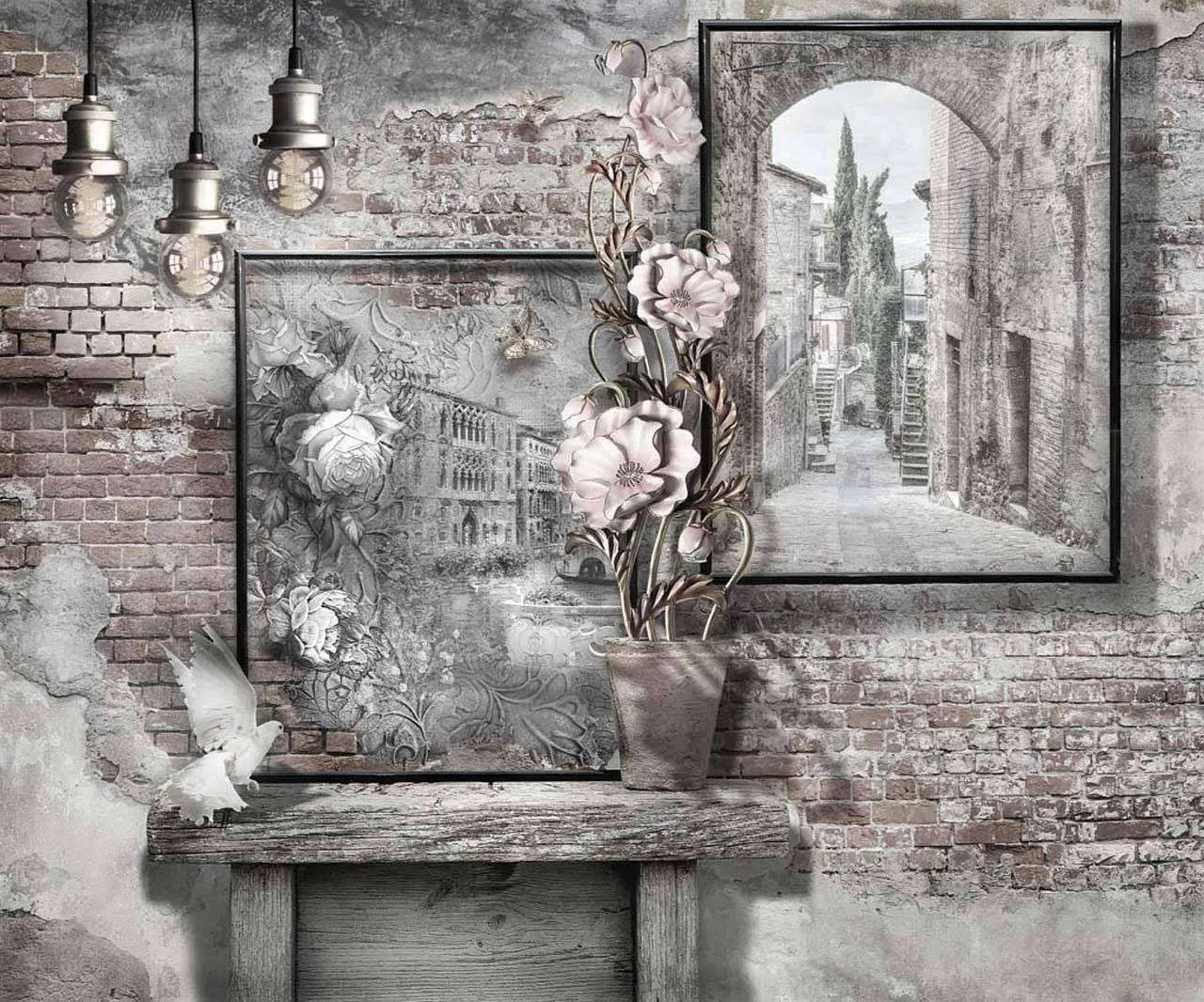 Фотообои в интерьере кирпичная стена в винтажном стиле  7-580 фото