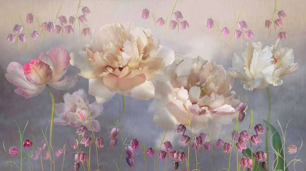 Фотообои в интерьере стереоскопические цветы на сером фоне  7-508 фото