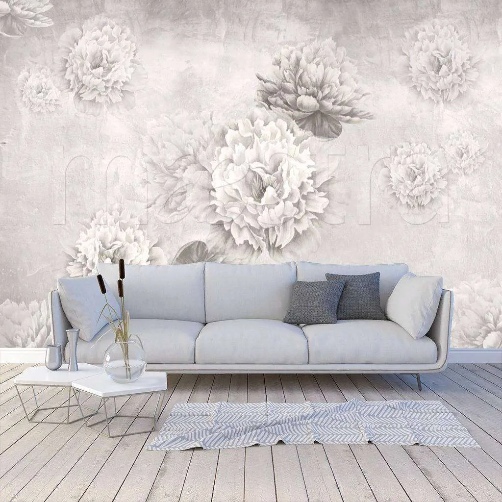 Фотообои в интерьере черно-белые пионы  7-971 фото