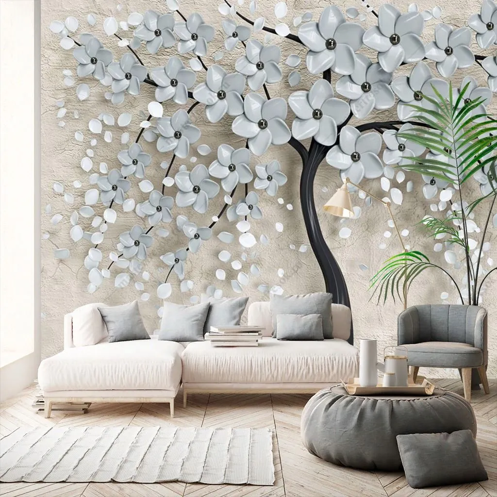Фотообои в интерьере 3д цветущее белое дерево  10-895 фото