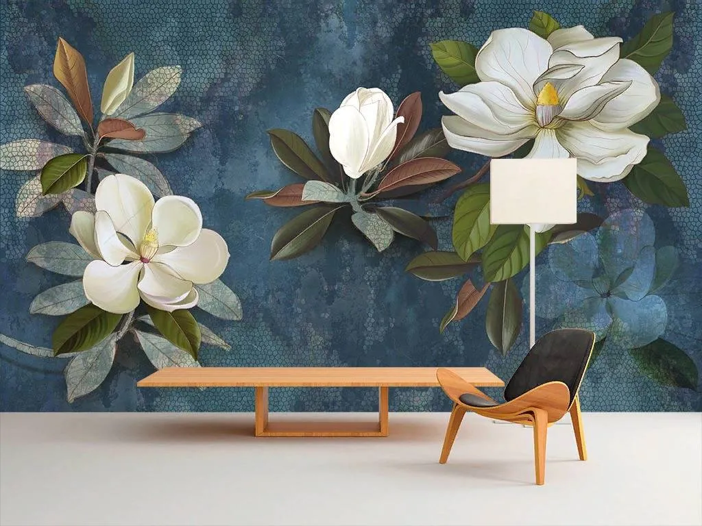 Фотообои в интерьере магнолия на синем фоне  10-870 фото