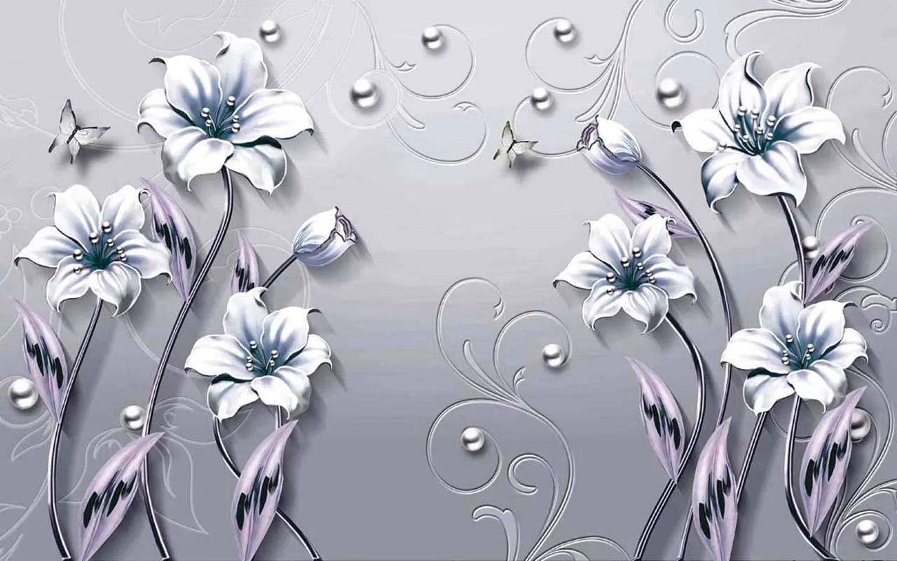 Фотообои в интерьере 3д цветы на сером фоне с бусинами  10-518 фото