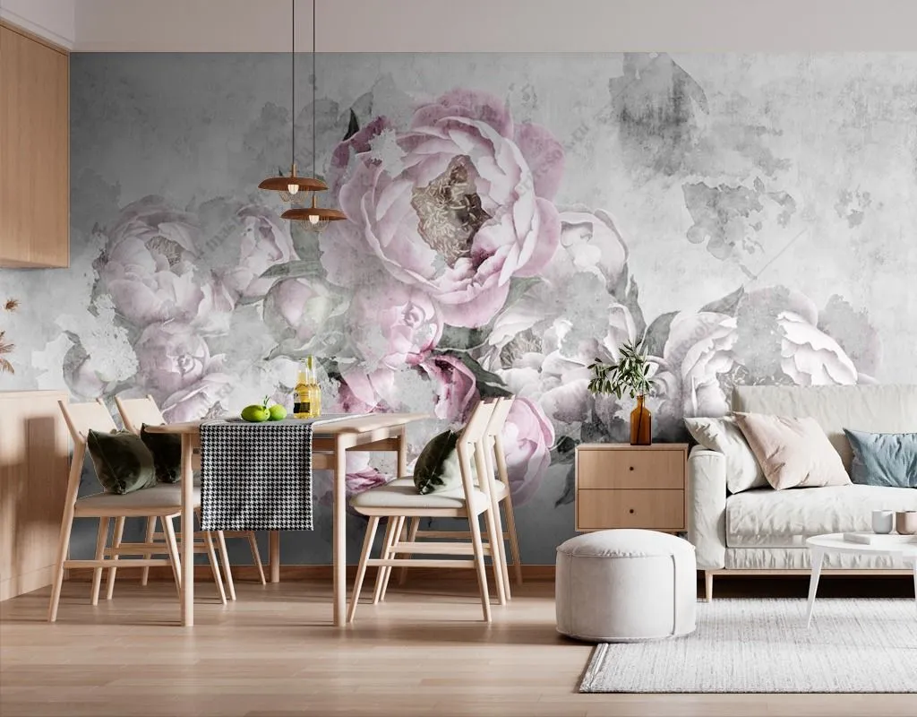 Фотообои в интерьере пионы на сером фоне  9-1605 фото
