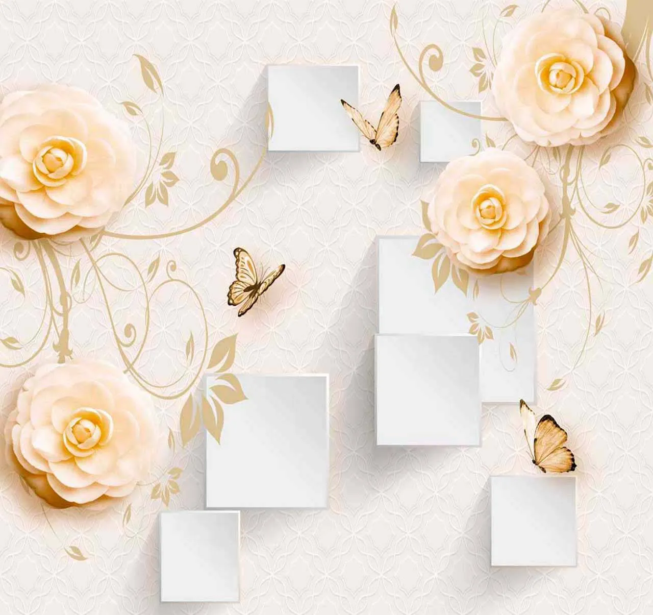 Фотообои в интерьере бежевые розы на 3д фоне  10-415 фото