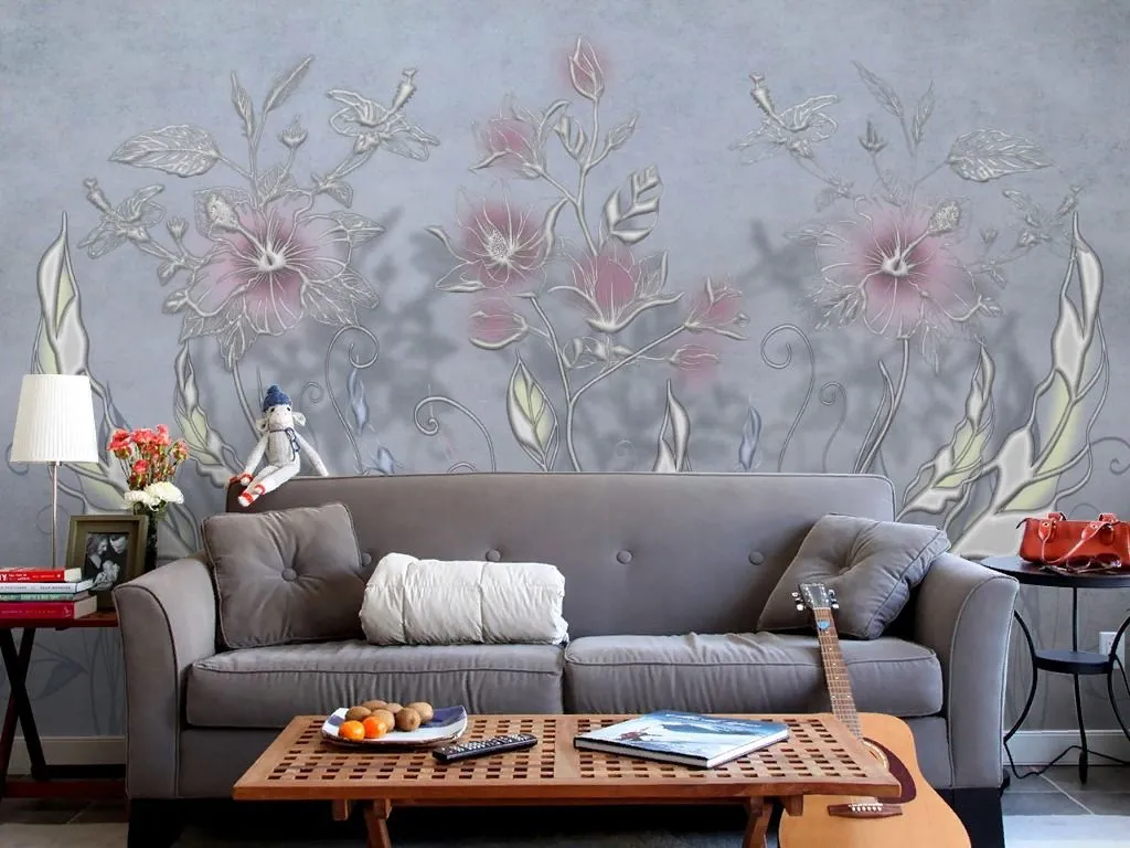 Фотообои в интерьере объемный рисунок цветы  13-746 фото