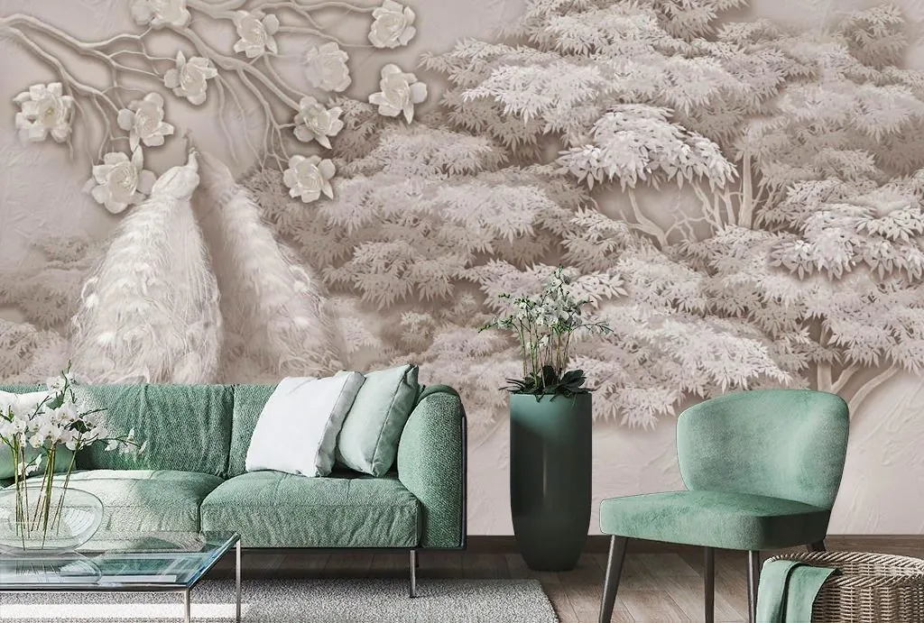 Фотообои в интерьере павлин у дерева  13-350 фото