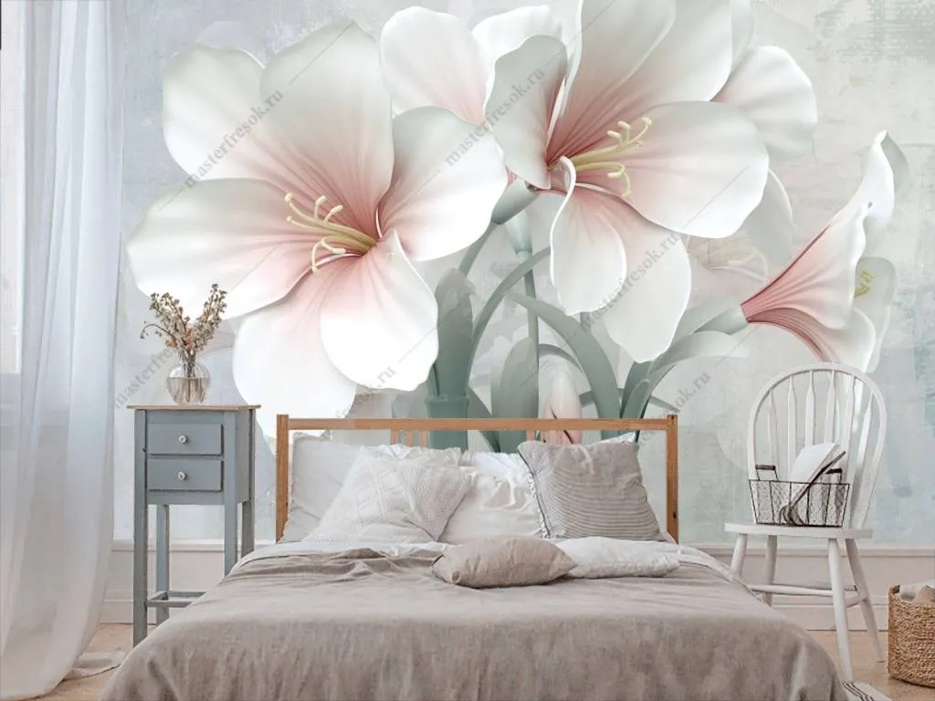 Фотообои в интерьере 3д цветы белые  10-646 фото