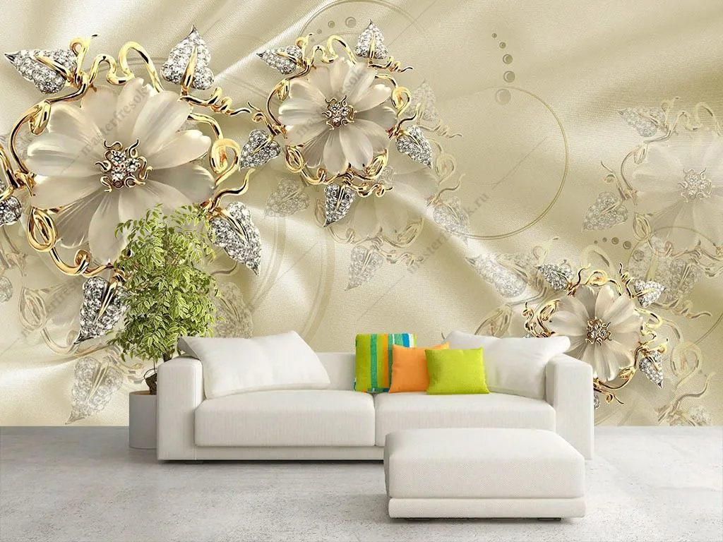 Фотообои 3д Золотые цветы на шелке  10-930