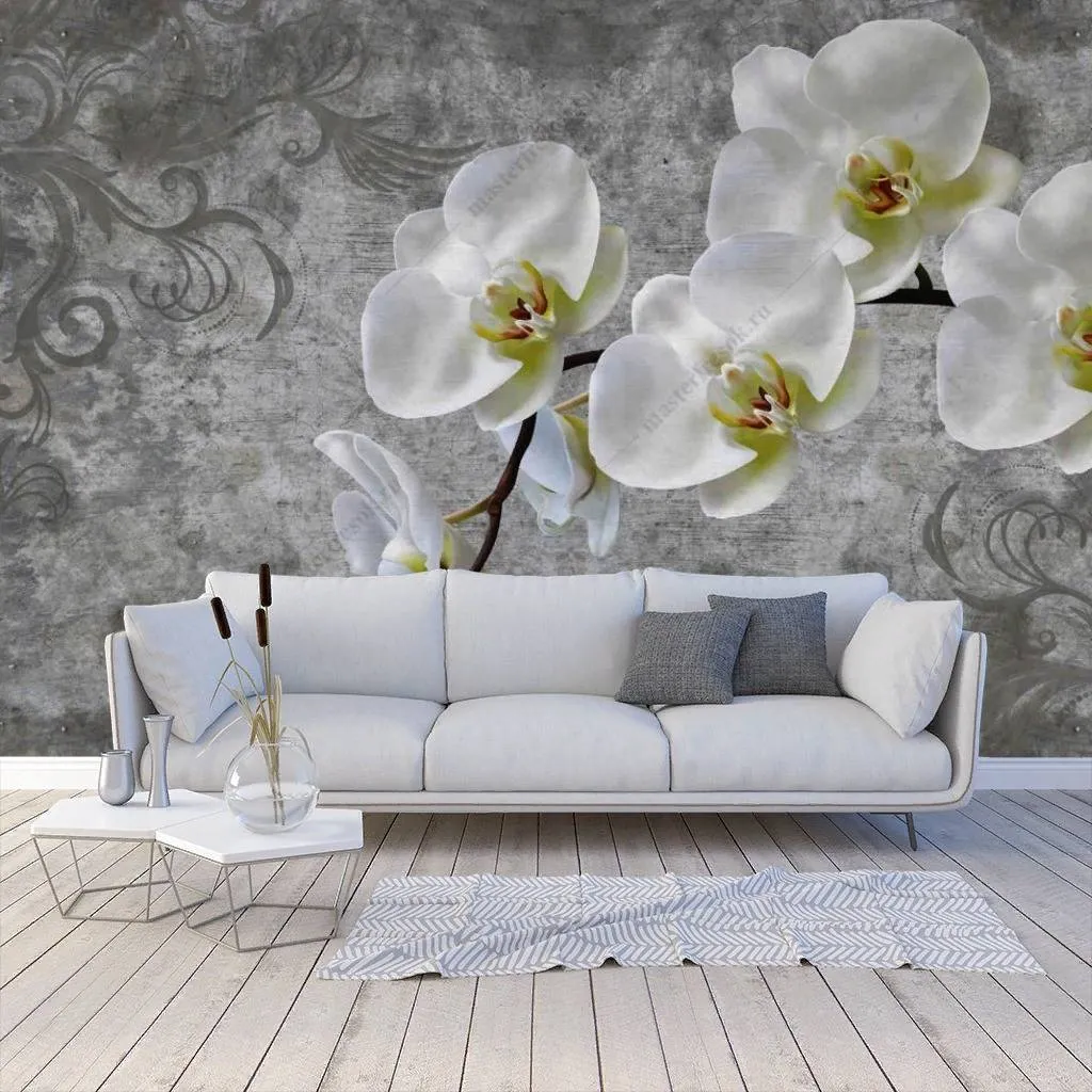 Фотообои в интерьере 3д ветка белой орхидеи  10-833 фото